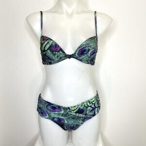 La Perla 2 Piece Bikini Swimsuit Set Womens 42 US 6 Peacock Print